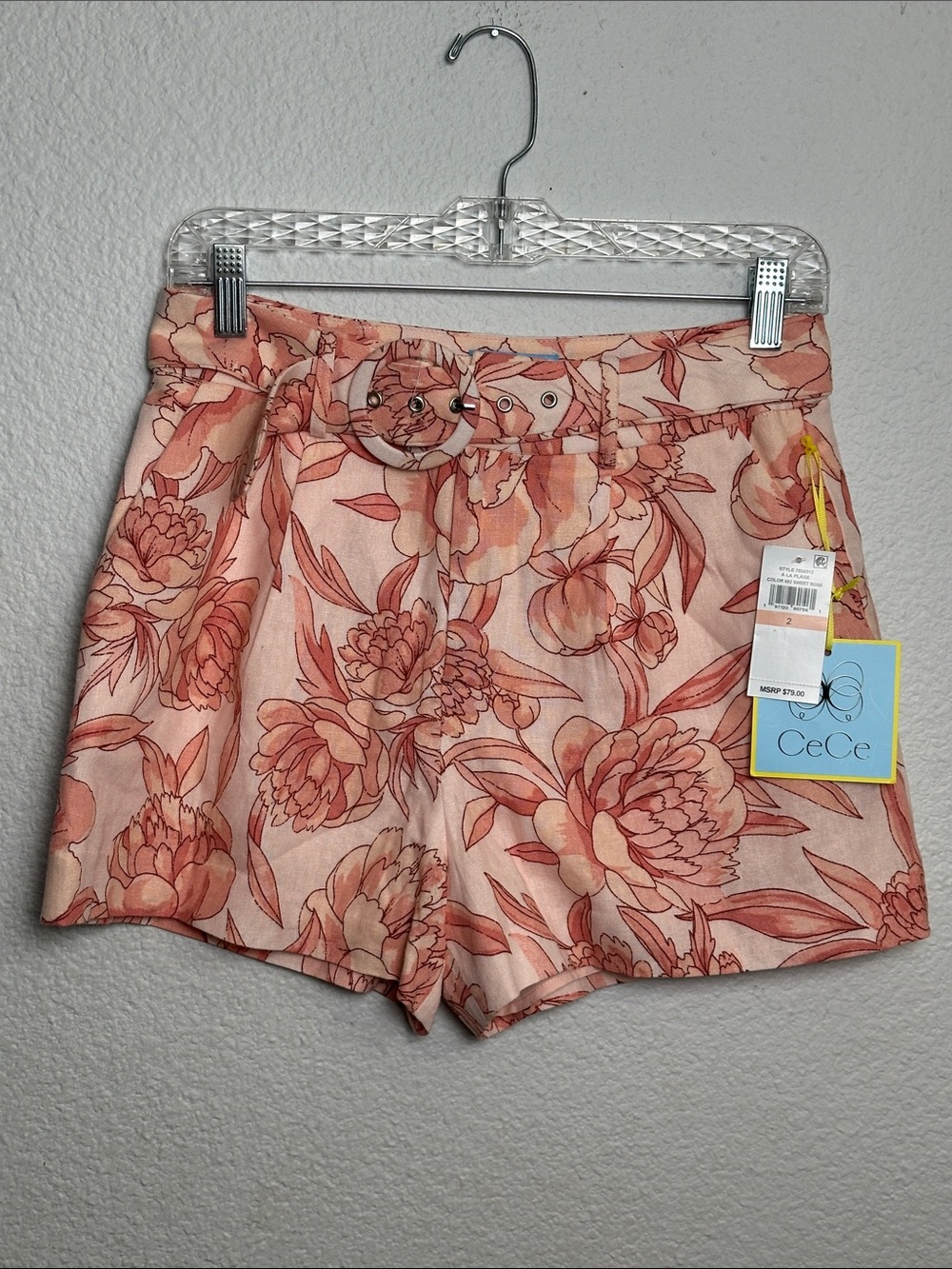 NEW CeCe Linen Blend Floral Shorts High Rise Belted Pleated Womens Size 2